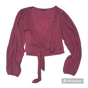 Glo Fashion SzMed maroon front tie balloon long sleeve shirt